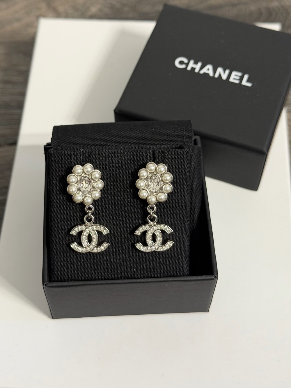 CHANEL Silver Pearl & Crystal CC Dangle Earrings